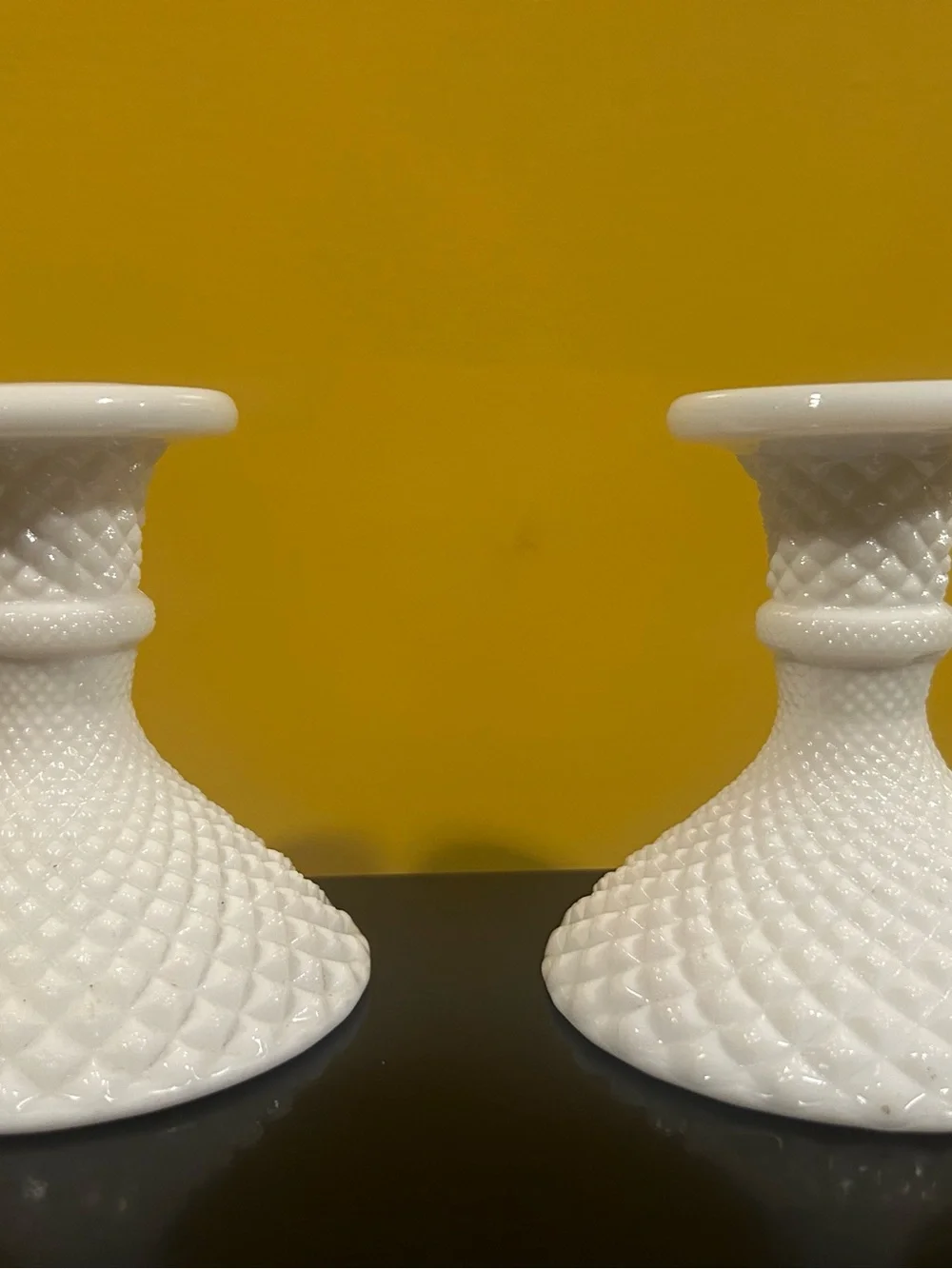 Vintage Westmooreland Milk Glass Diamond Hobnail Candlestick Holder Set